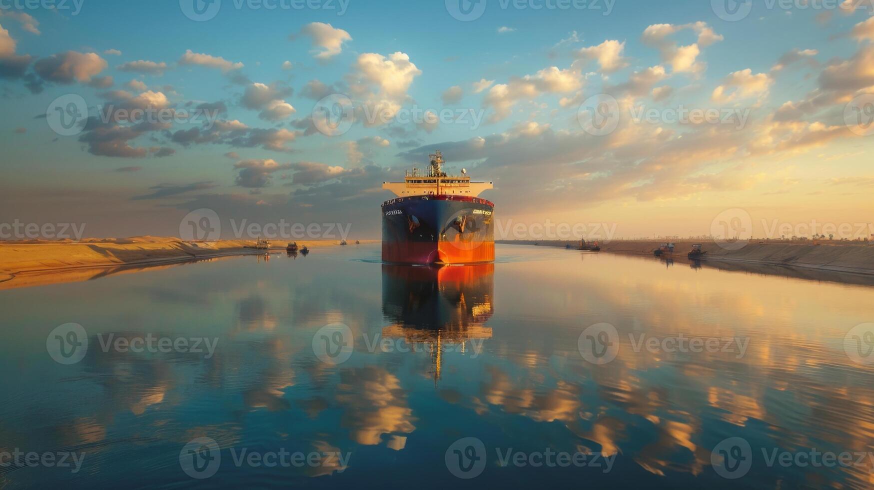 Massive cargo ship sails through calm waters during sunset, with vibrant clouds reflecting in the mirror like surface and sandy banks framing the picturesque scene. photo