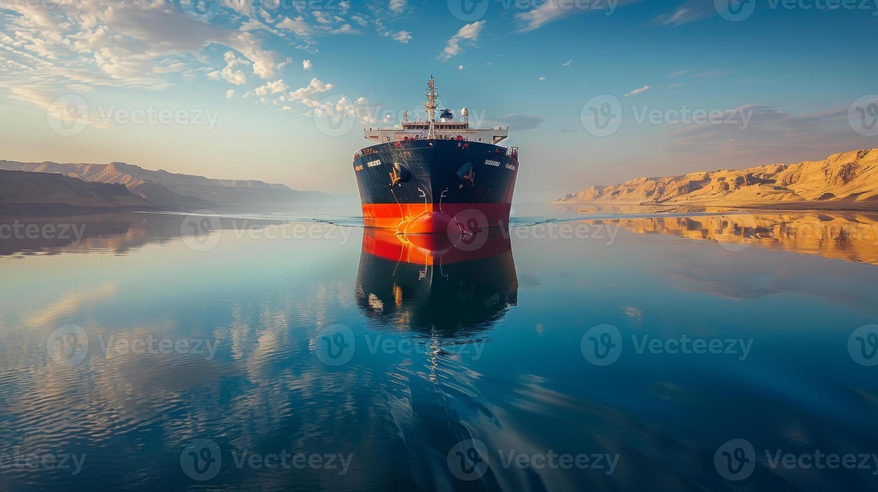 A large cargo ship is anchored in tranquil waters reflecting a beautiful sunrise. The surrounding landscape features golden cliffs under a clear sky, creating a stunning backdrop. photo