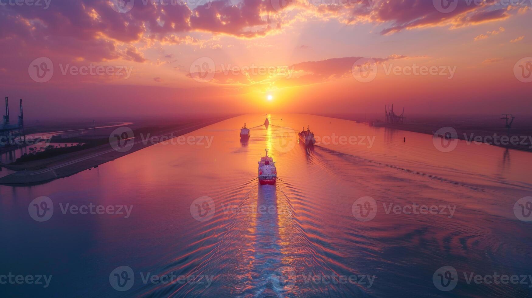 Cruise ships navigate a peaceful waterway as the sun sets, casting radiant colors across the sky and water, creating a serene atmosphere during twilight. photo