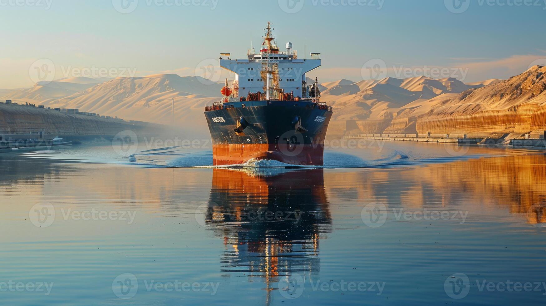 A cargo ship glides through tranquil waters during sunrise, reflecting its silhouette against stunning mountain scenery in the background, creating a picturesque maritime moment. photo