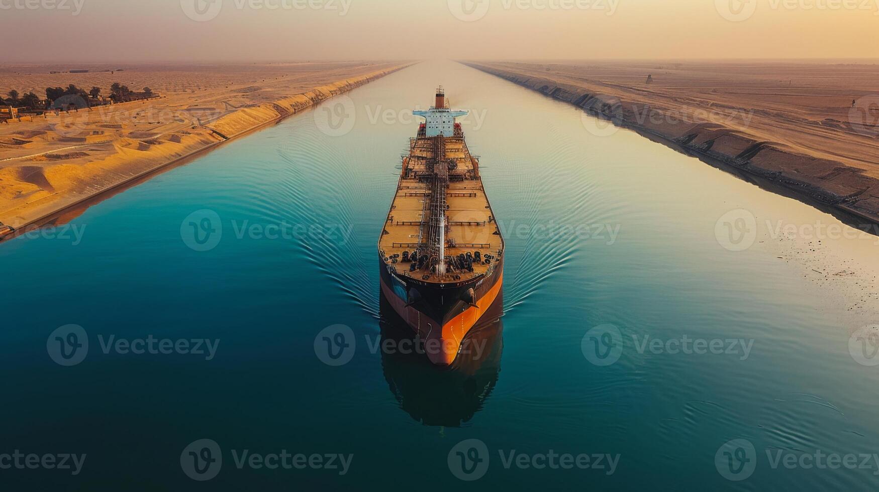 A large container ship moves smoothly through a wide canal under a vibrant sunset, contrasting with the dry terrain beside the waterway, highlighting maritime trade. photo