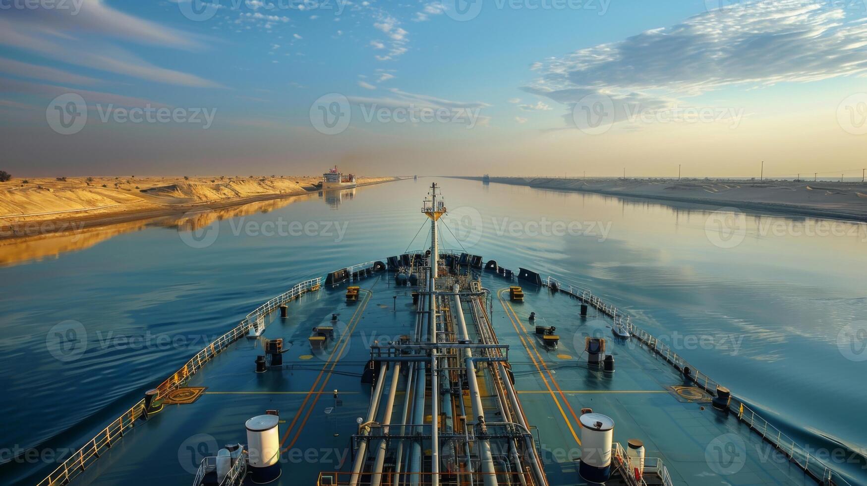 A cargo vessel moves smoothly through a tranquil canal just after sunrise, reflecting soft colors on the water while sandy banks line the route. photo