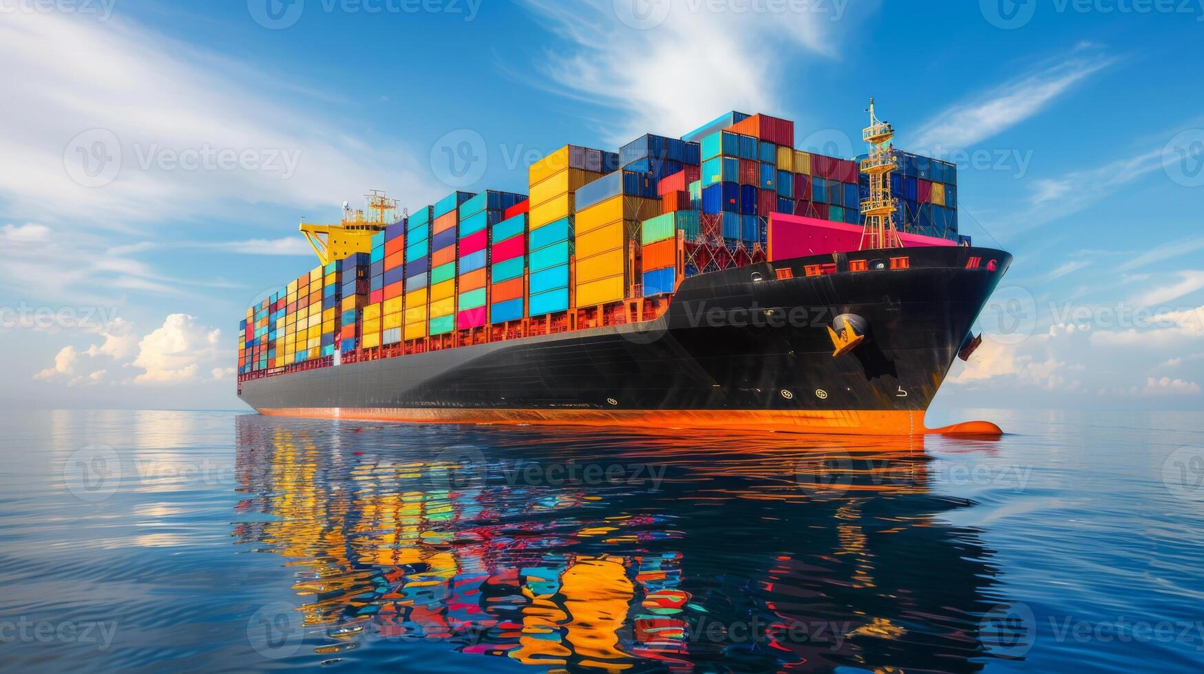 A substantial container ship sails smoothly through calm waters under a bright sky, showcasing an array of colorful shipping containers stacked high on its deck. photo