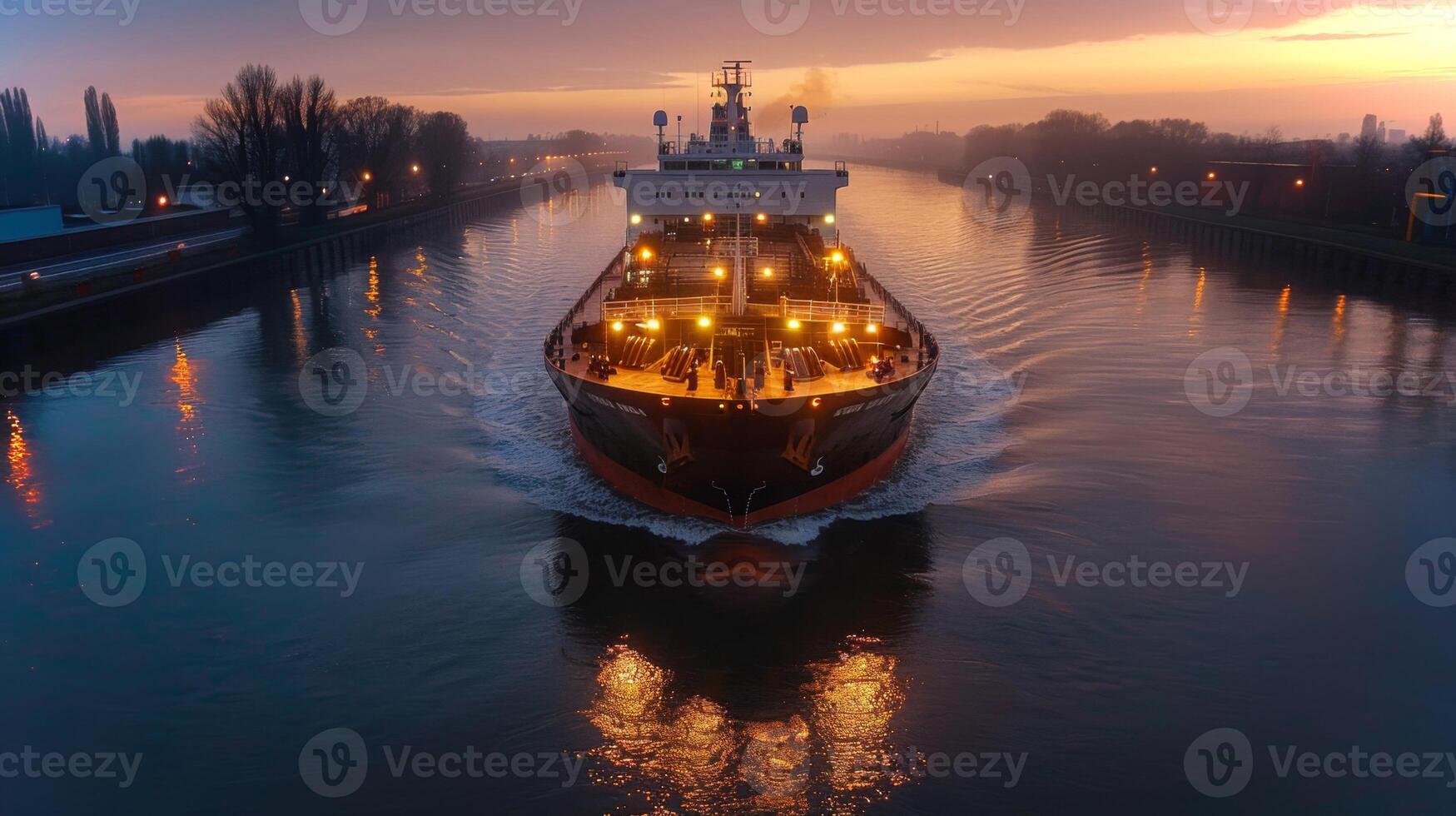 A large cargo ship moves steadily along a tranquil river at dusk. The deck is brightly lit, contrasting with the soft hues of the sunset and the surrounding landscape. photo