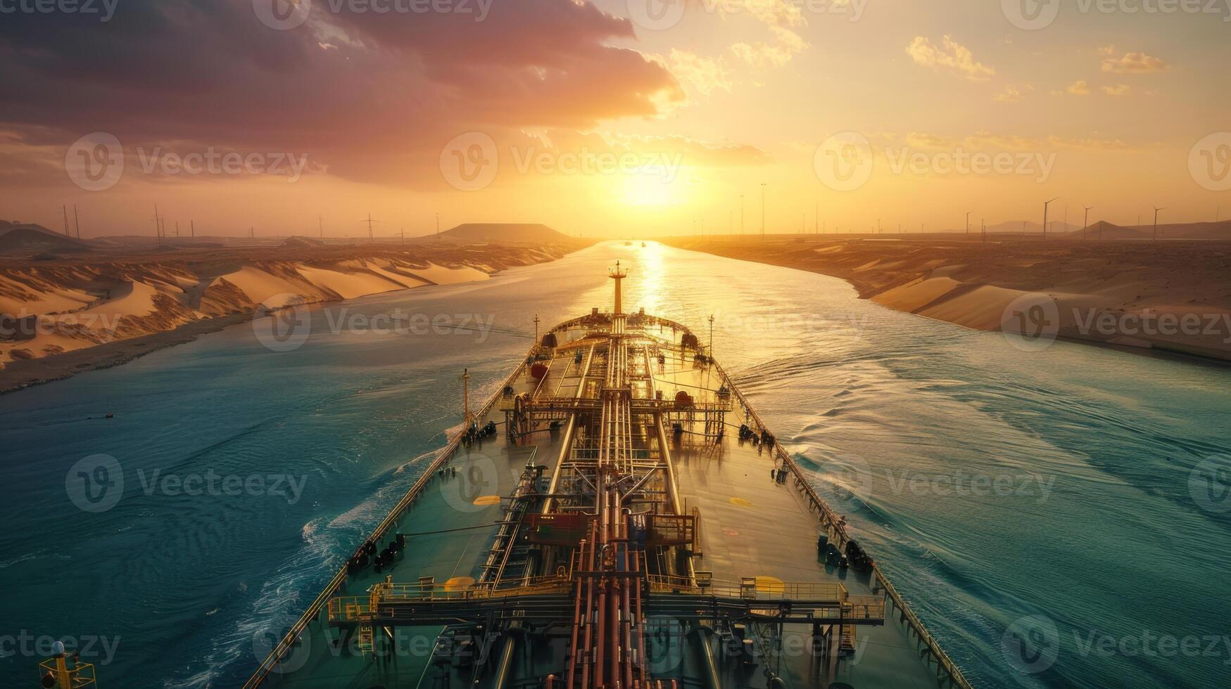 A large cargo ship moves steadily through the canal during sunset, casting reflections on the water's surface, surrounded by a scenic landscape and distant wind turbines. photo