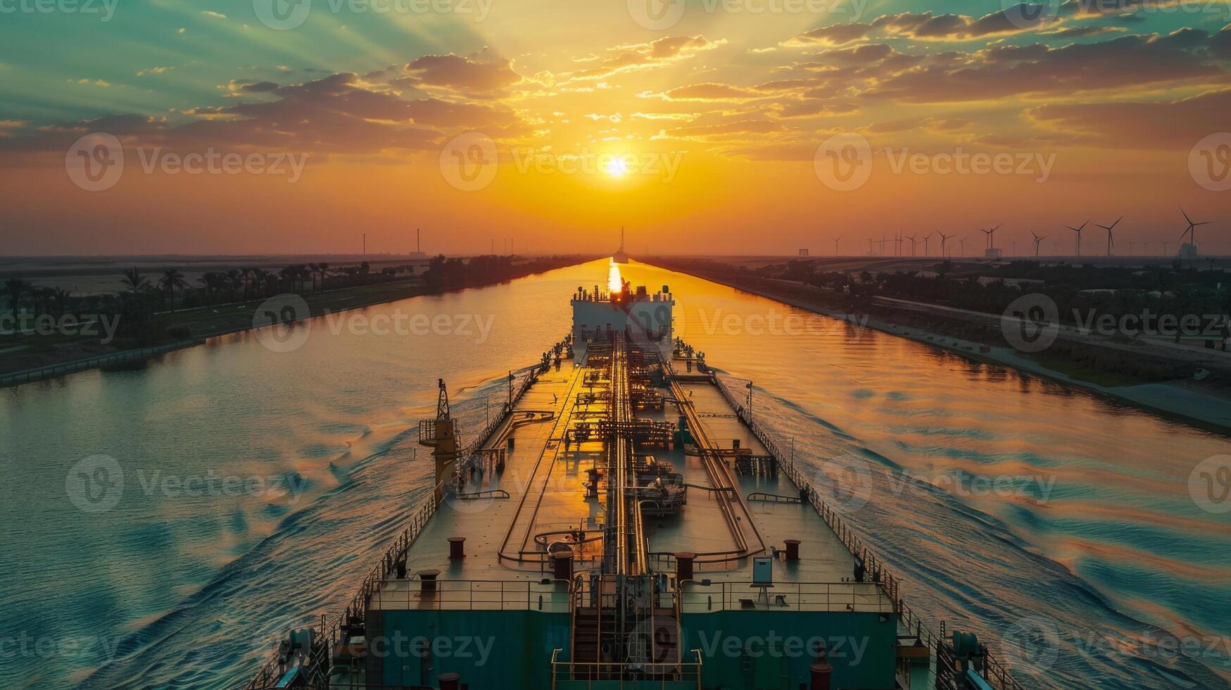 A large vessel moves through a canal during sunset, casting golden reflections on the water while wind turbines stand tall along the shoreline. photo