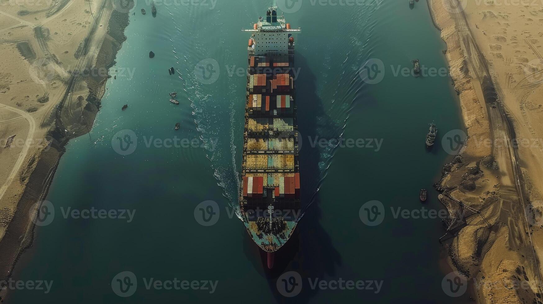 A cargo ship filled with colorful containers moves through a narrow canal, flanked by sandy terrain under clear blue skies, reflecting bustling maritime activity. photo