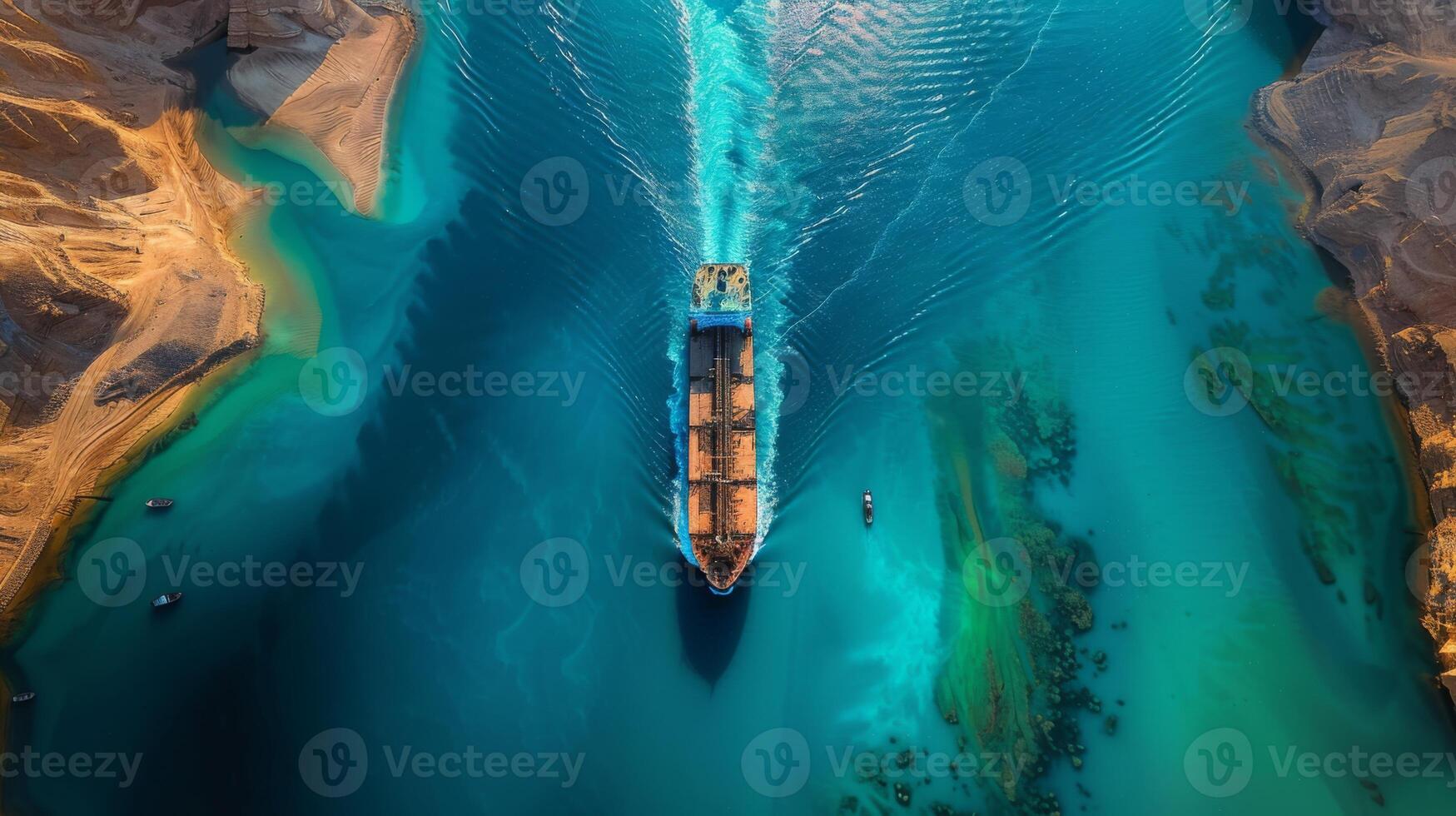 A cargo ship is traveling through clear blue waters, leaving ripples behind as it moves. Sandy beaches and vibrant shades of aqua surround the vessel, creating a serene coastal view. photo