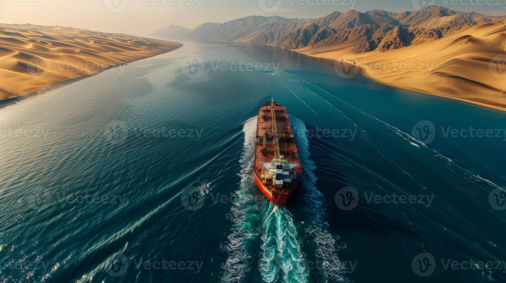 A cargo ship glides through calm waters, leaving ripples behind as it travels through a narrow channel lined with magnificent golden sand dunes under the warm light of sunset. photo