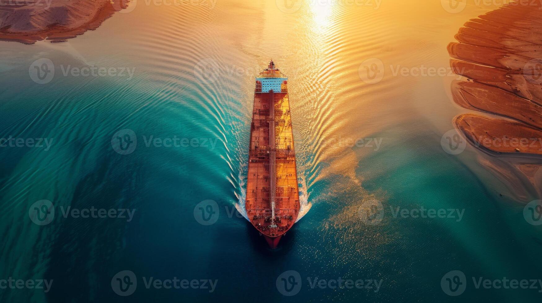 A large cargo ship navigates tranquil waters as the sun sets, casting golden reflections on the surface. The shoreline is lined with rocky features, creating a picturesque backdrop. photo