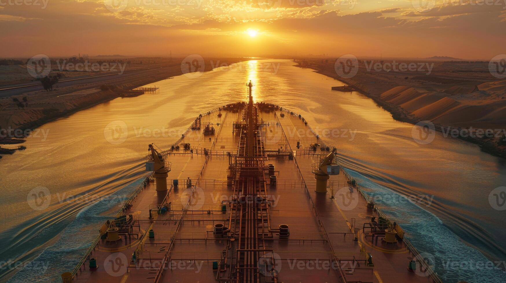 A vessel sails along a waterway at sunset, illuminating the sky with warm hues as reflections dance on the water's surface. Surrounding landscapes add to the calm atmosphere. photo