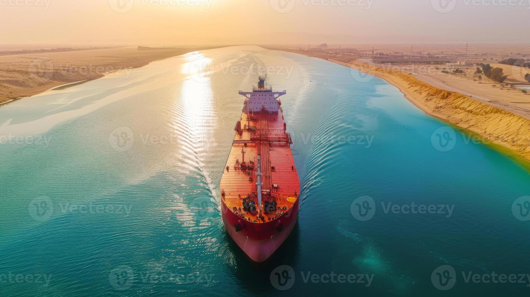 A large cargo ship travels through the Suez Canal, leaving gentle ripples in the deep blue water under a warm golden sunset creating a serene atmosphere. photo