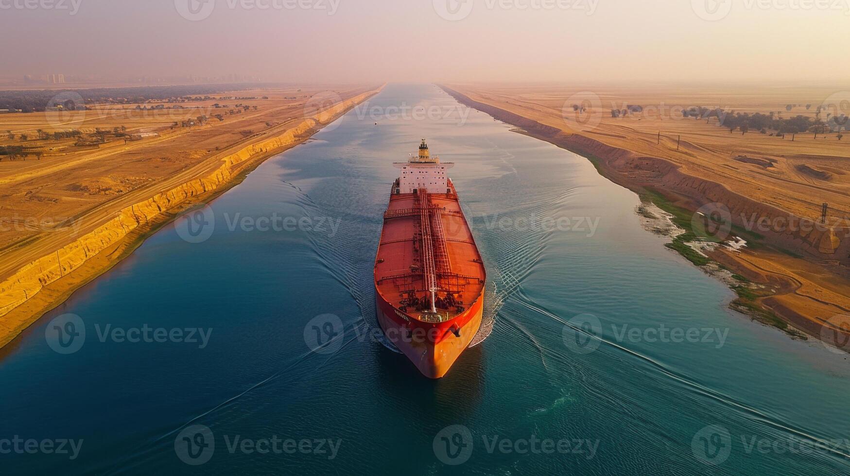 A cargo ship glides steadily through the Suez Canal at sunset, with golden hues reflecting on the water and stretches of desert lining the canal banks. photo