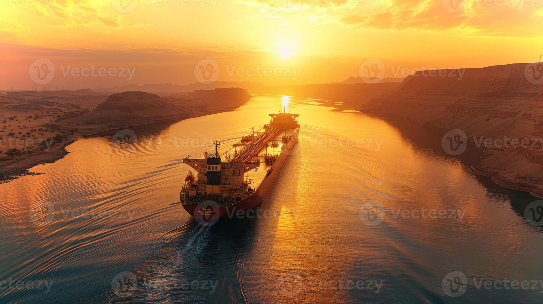 A cargo ship moves along a river during sunset, with golden sunlight illuminating the landscape and casting reflections on the water, creating a serene atmosphere. photo