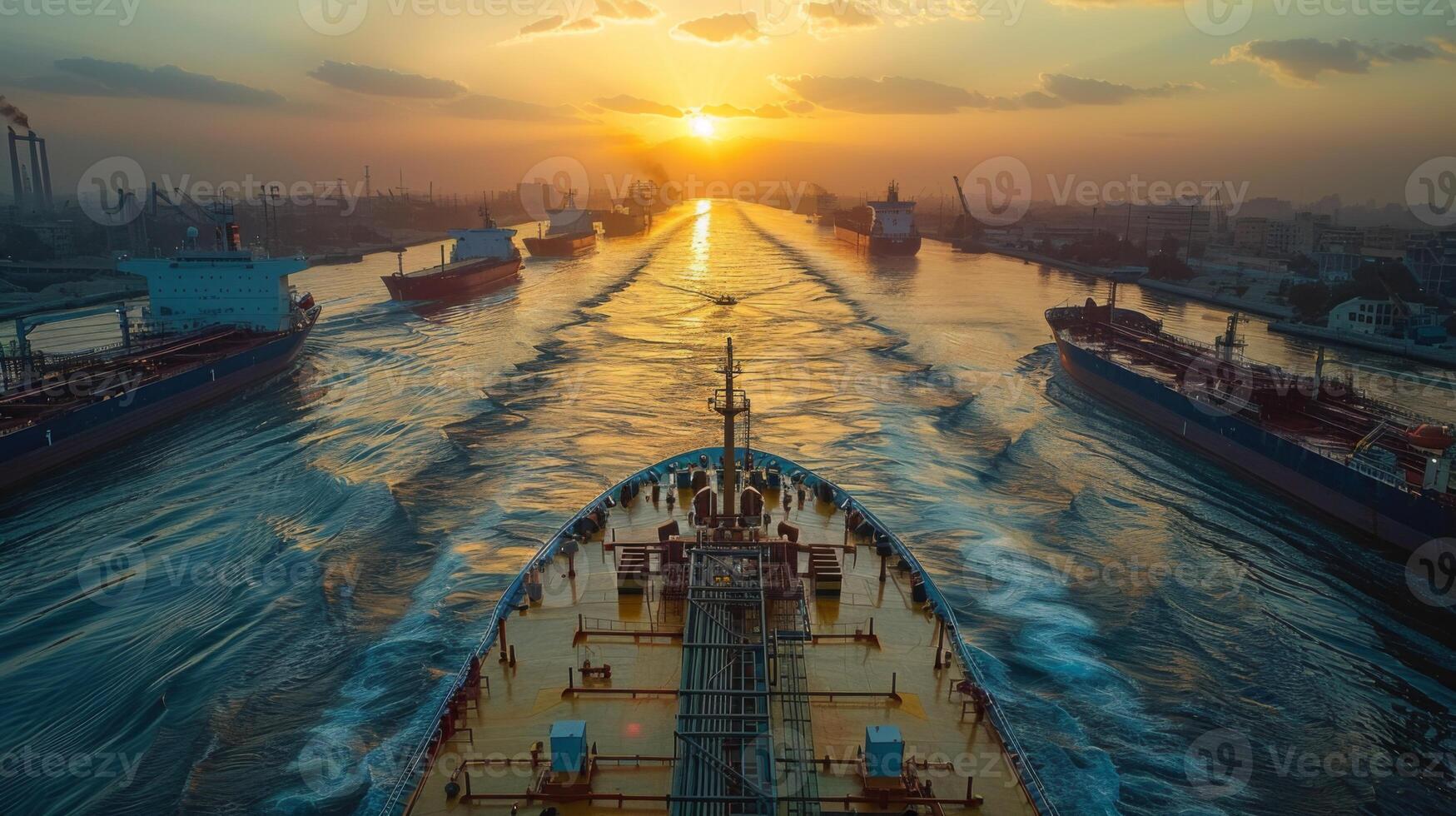 Several cargo ships maneuver through a bustling shipping channel as the sun sets, casting orange and pink hues over the water while silhouetting the industrial landscape. photo