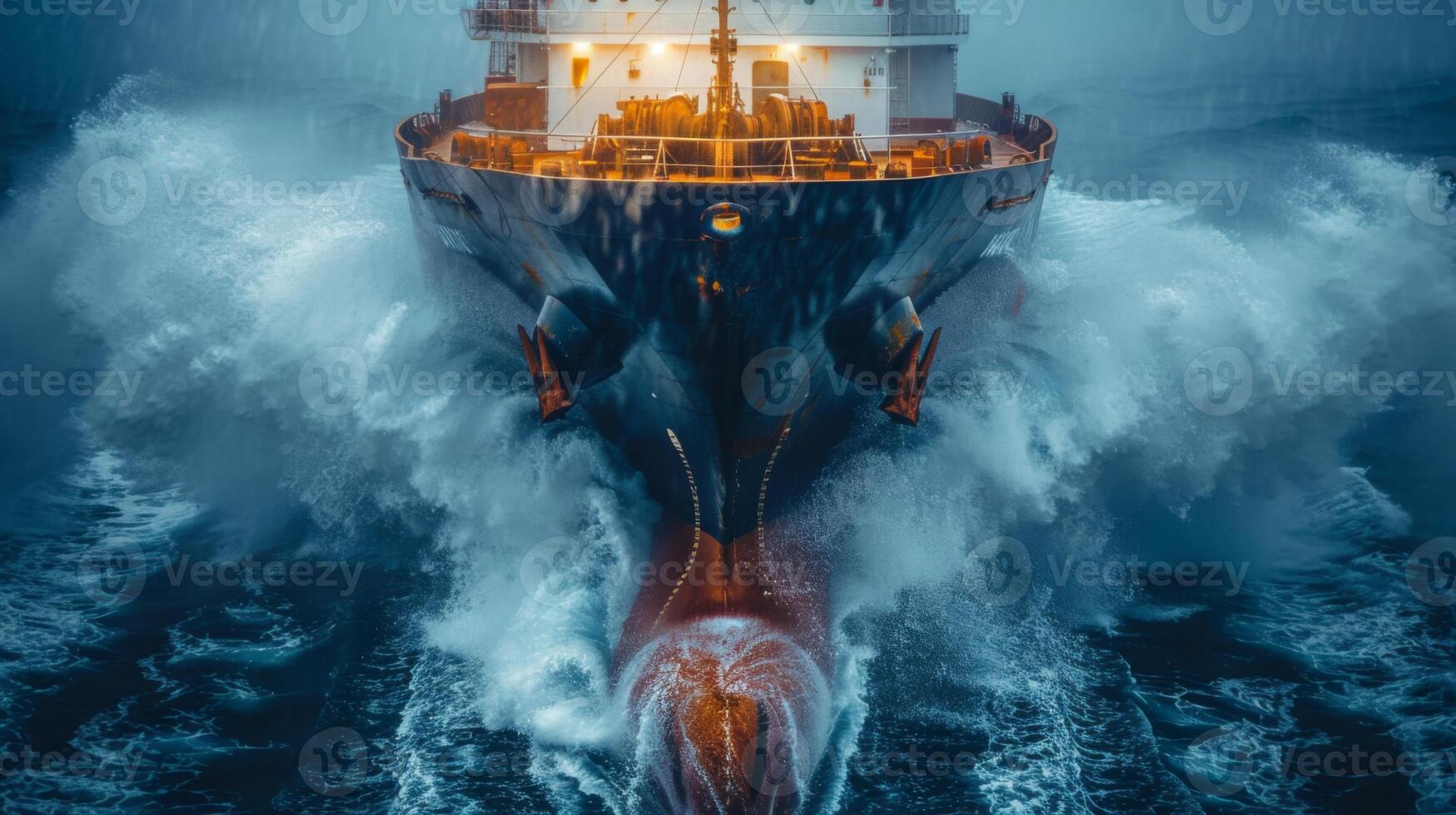 A massive cargo ship moves through turbulent waters at dusk, generating powerful waves and splashes as rain pours down, highlighting its formidable presence against the gray sky. photo