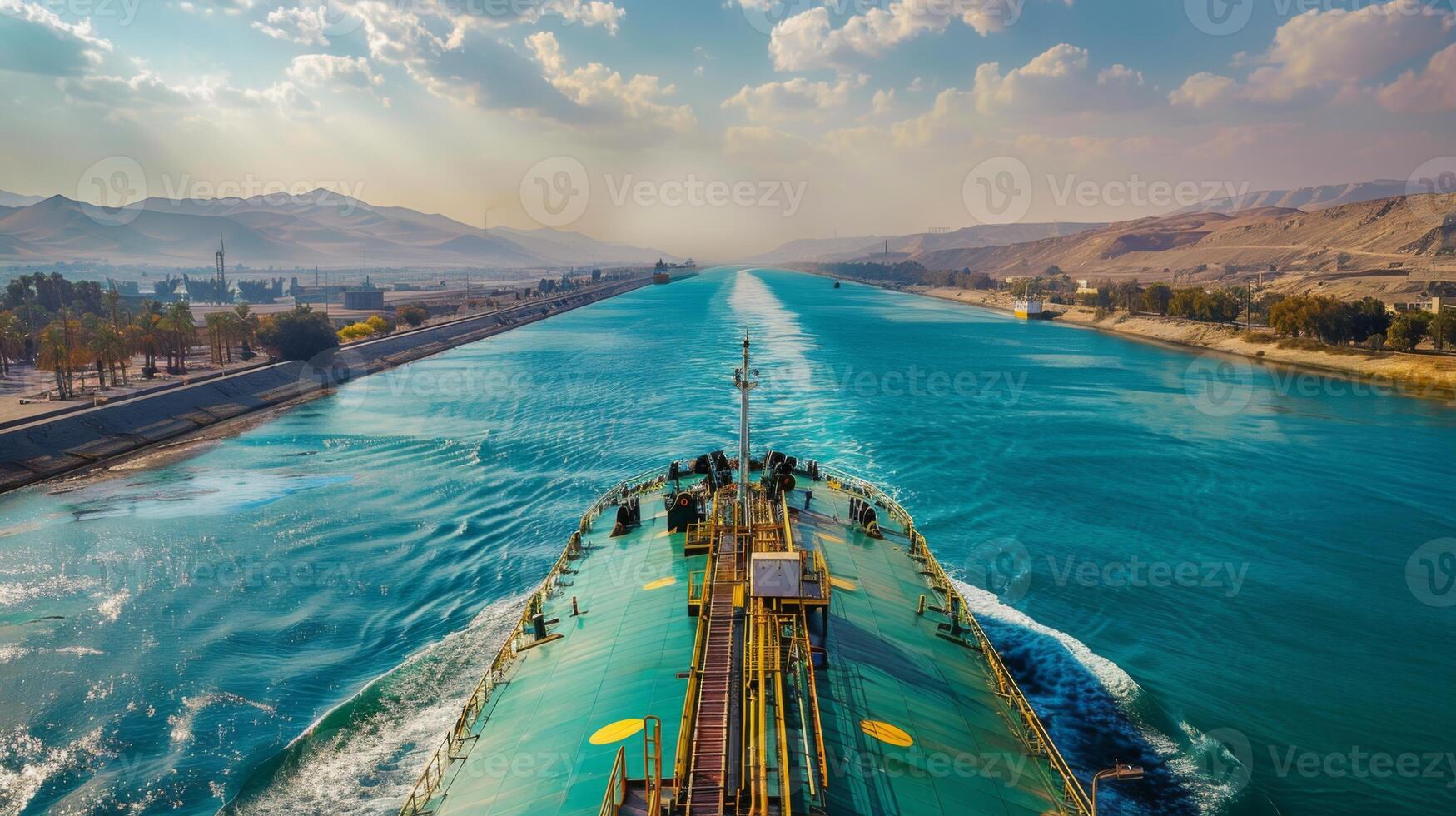 A cargo vessel moves steadily through a wide canal, flanked by mountains and lush greenery under a bright sky. The afternoon sunlight creates reflections on the water's surface. photo