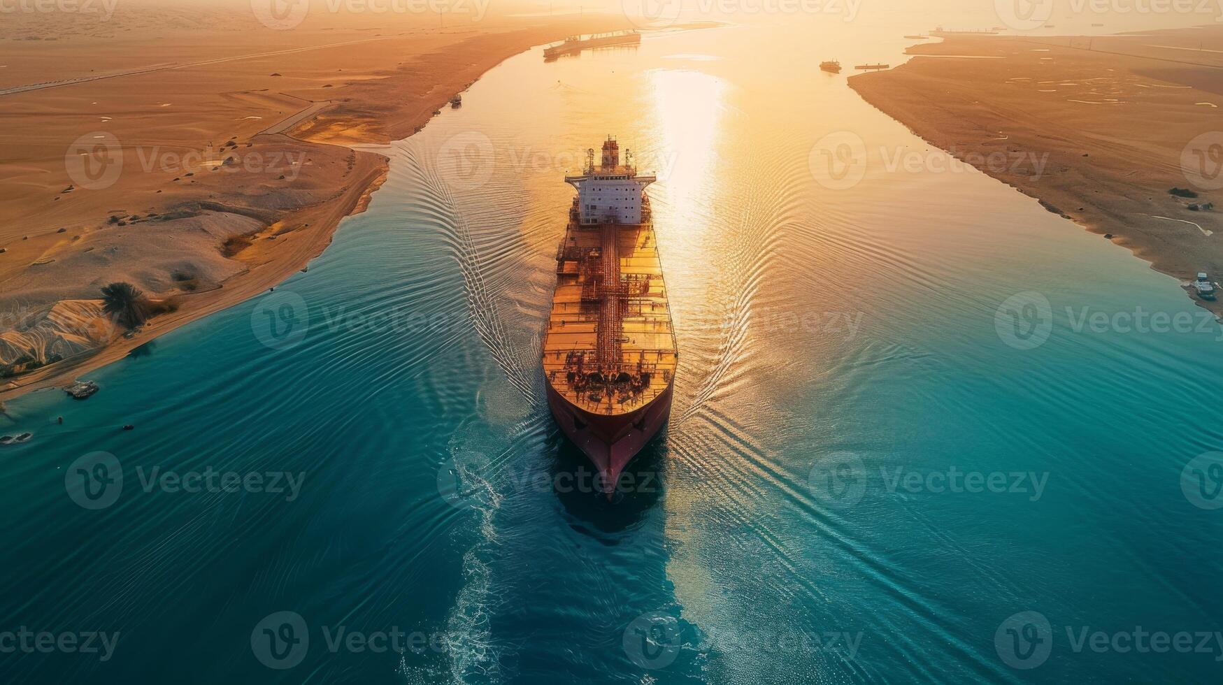 A large ship sails through a narrow waterway, creating ripples in the water as the sun sets, casting a warm glow over the scene and highlighting the sandy shores. photo