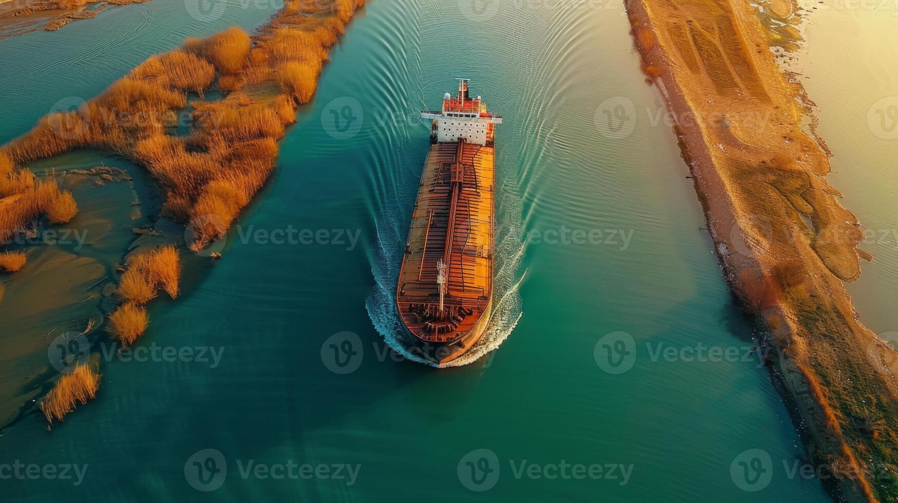 A large cargo ship moves smoothly through a river flanked by vibrant, golden autumn trees. The calm waters reflect the warm hues of sunset, creating a serene atmosphere. photo