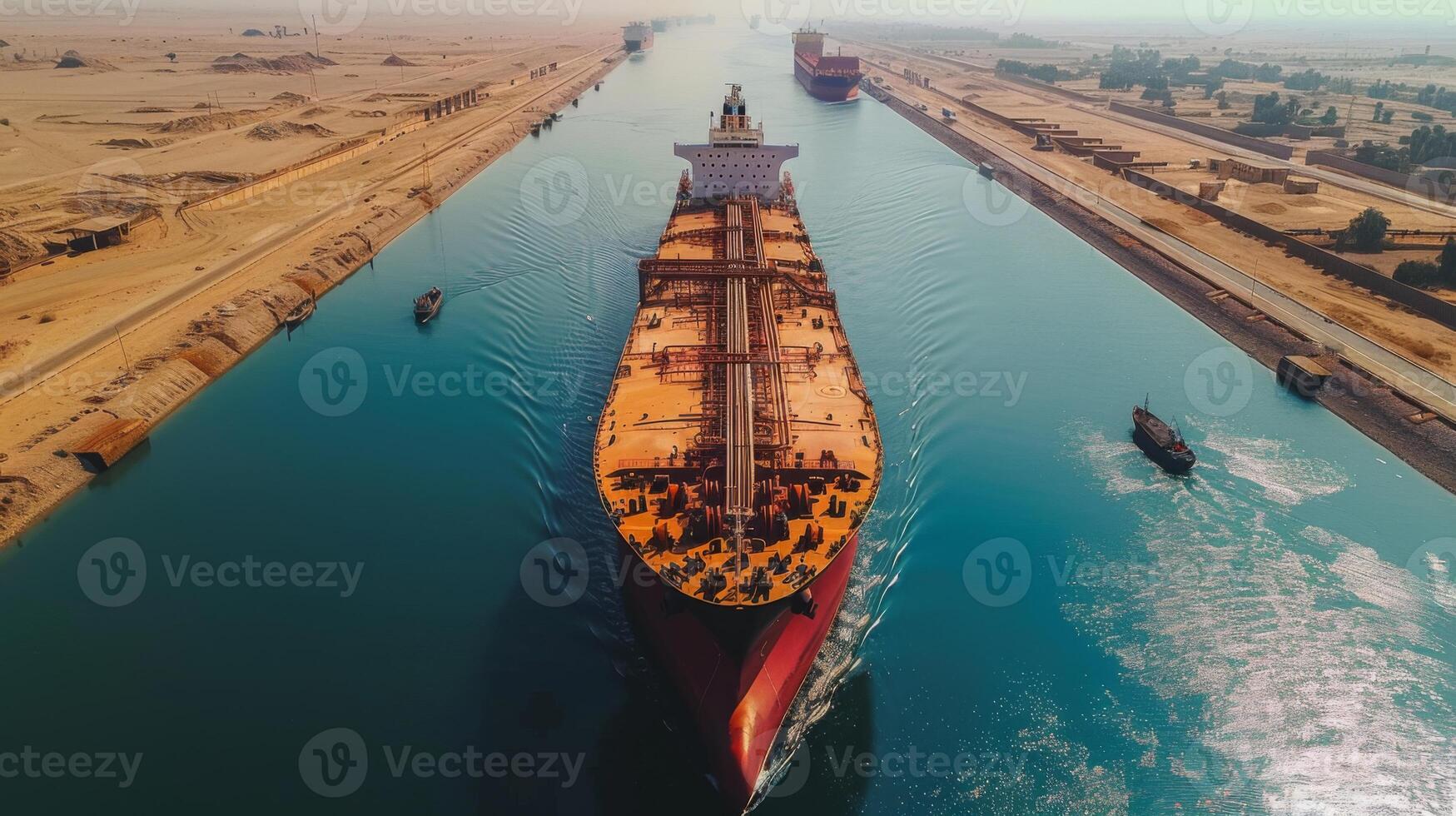 A massive cargo vessel is sailing through a confined waterway bordered by sandy terrain, with smaller boats alongside, all under a bright sunny sky. photo