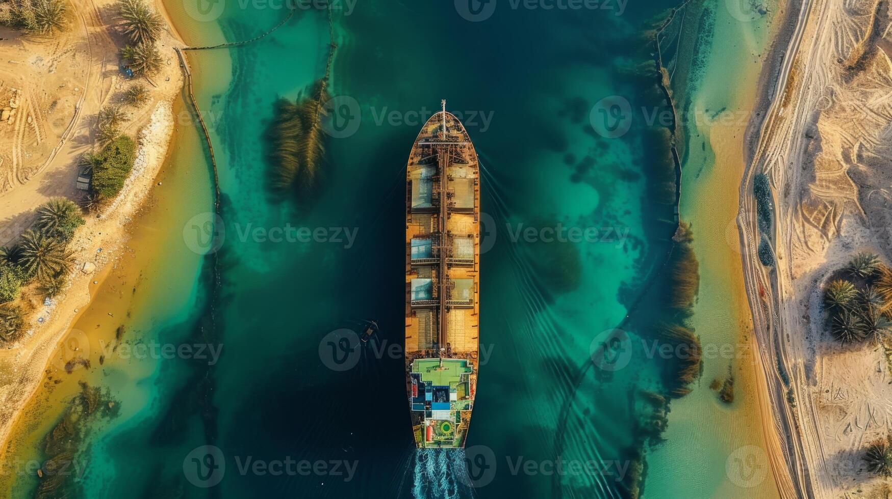 A cargo ship makes its way down a calm river, flanked by sandy banks and lush greenery under a clear blue sky during midday. The turquoise waters reflect the sunlight beautifully. photo