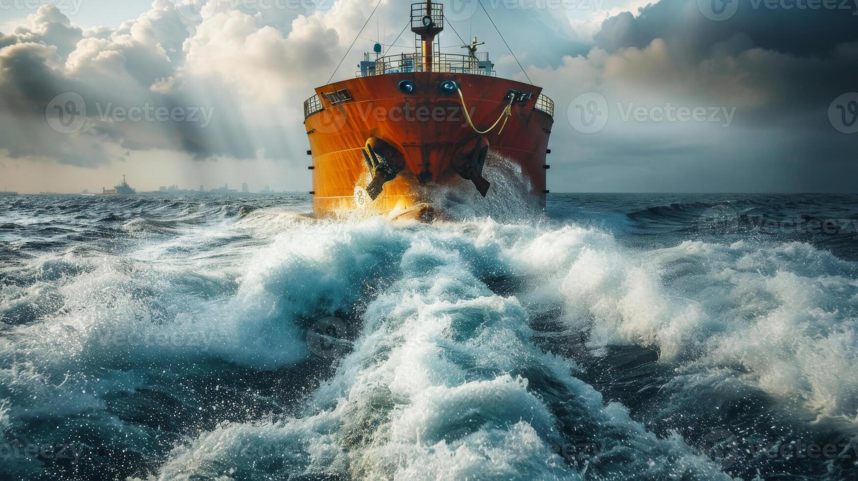 A large cargo ship powers through choppy seas, leaving a wake of frothy water behind it, while dramatic clouds and sunlight create a breathtaking backdrop on the horizon. photo