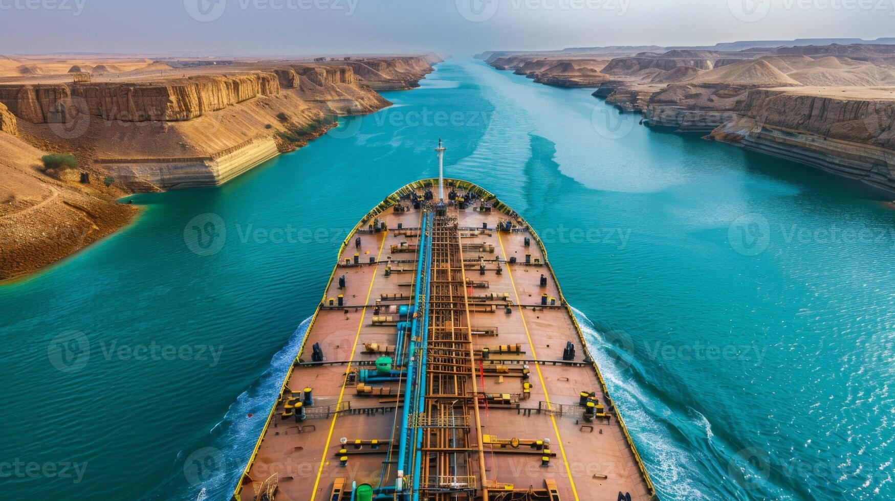 A large cargo vessel sails through the Suez Canal, flanked by dramatic cliffs and pristine blue waters as the sun sets, highlighting the importance of maritime trade routes. photo