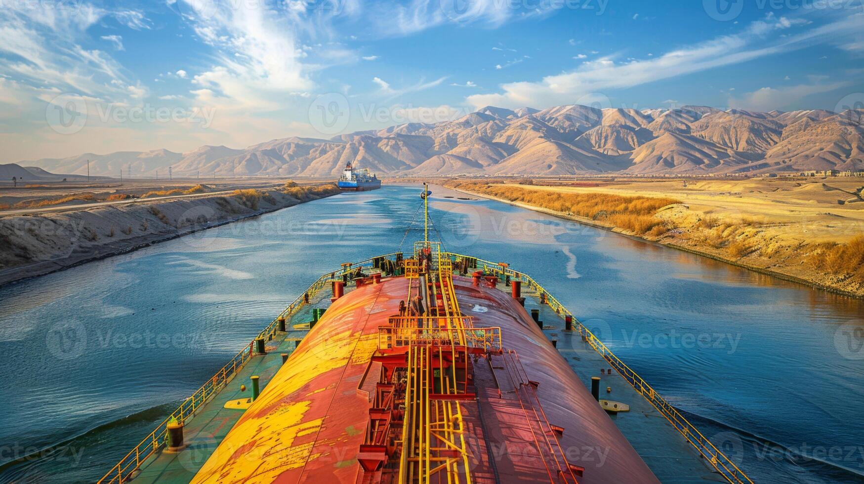 A cargo ship is making its way through a narrow canal lined with dry terrain and distant mountains during the beautiful golden hour, showcasing vibrant sky colors and natural scenery. photo