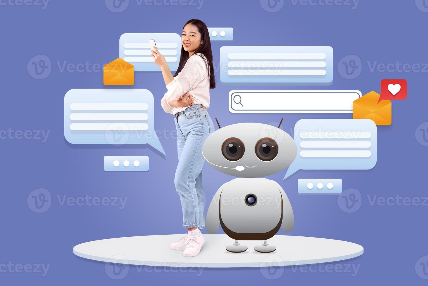 A young woman stands confidently interacting with a friendly robot assistant. photo
