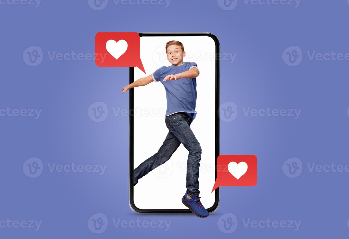 A young person joyfully interacts with a smartphone, expressing happiness and love through social media messages as heart icons float nearby. photo