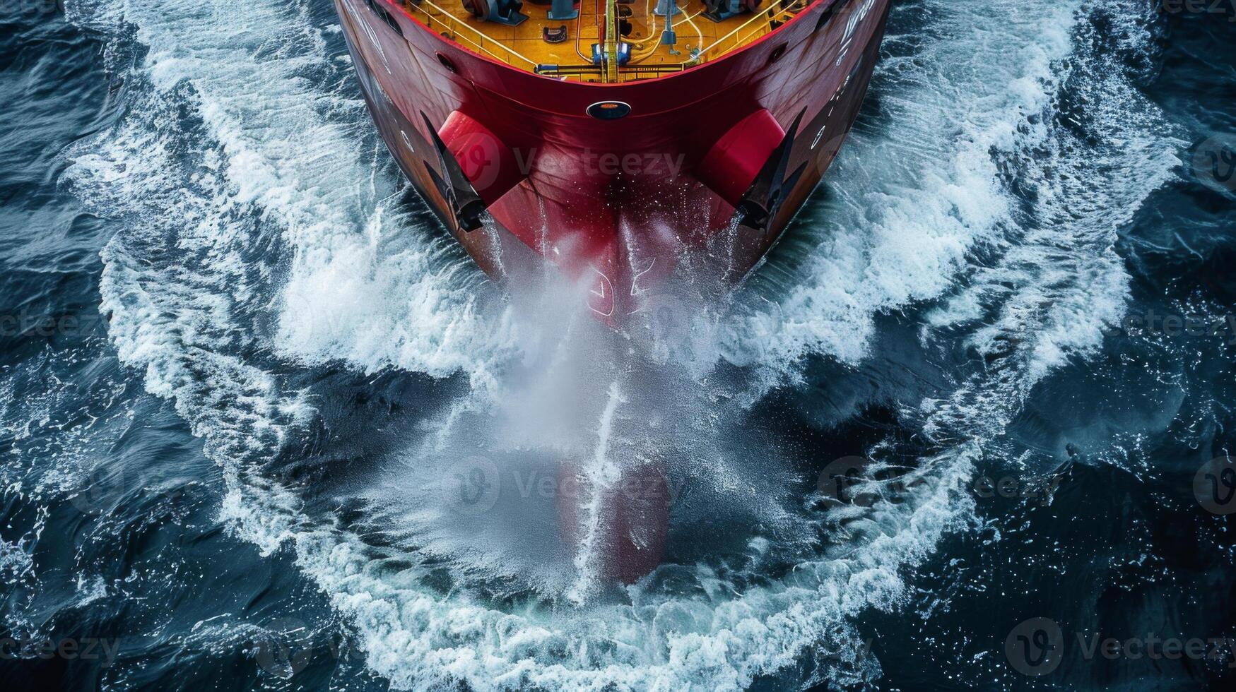 A large red vessel powers through the ocean, leaving a wake of frothy white water behind. The vessel's movement generates strong waves, illustrating maritime activity on a clear day. photo