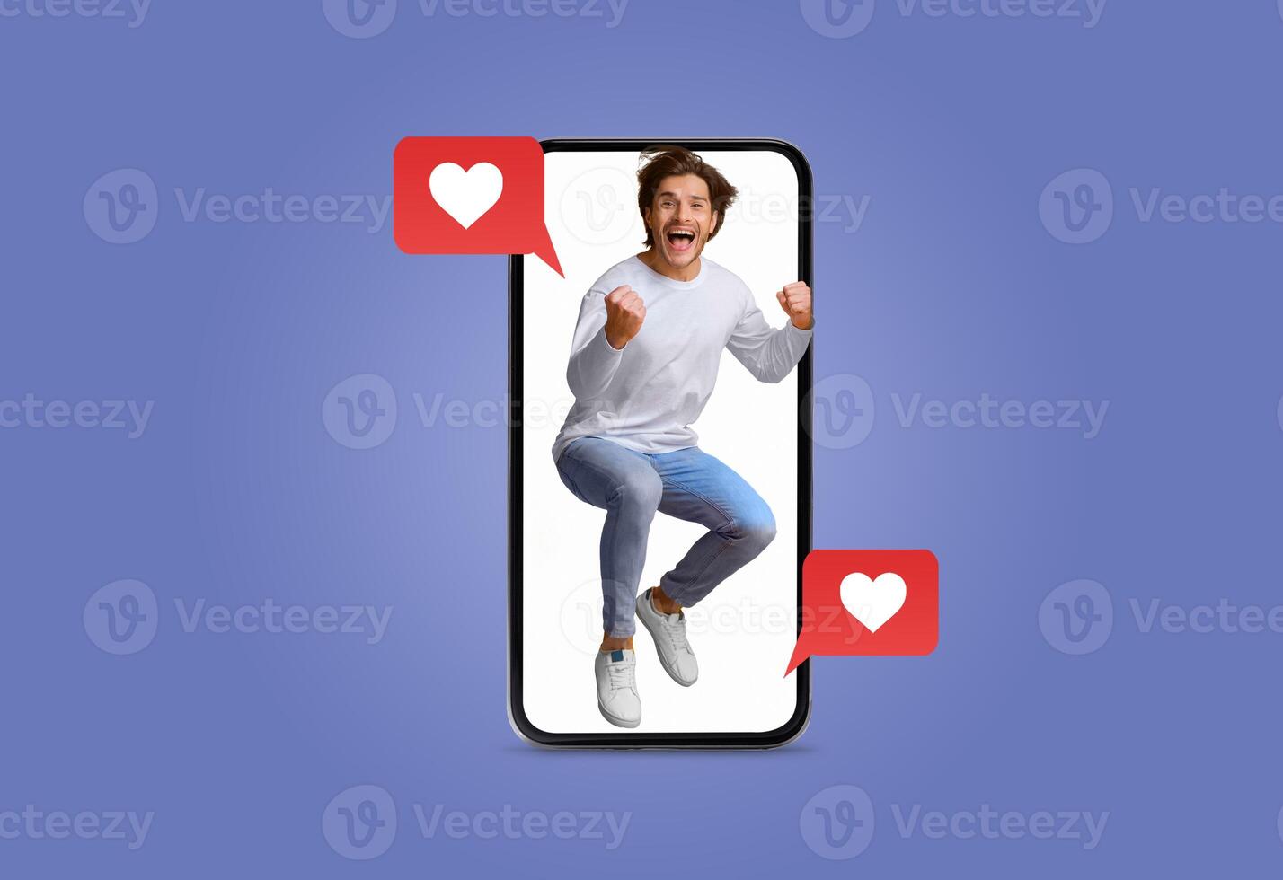 A person jumps with joy while holding a smartphone, expressing excitement over love messages on social media. Bright hearts symbolize affection in a vibrant collage. photo