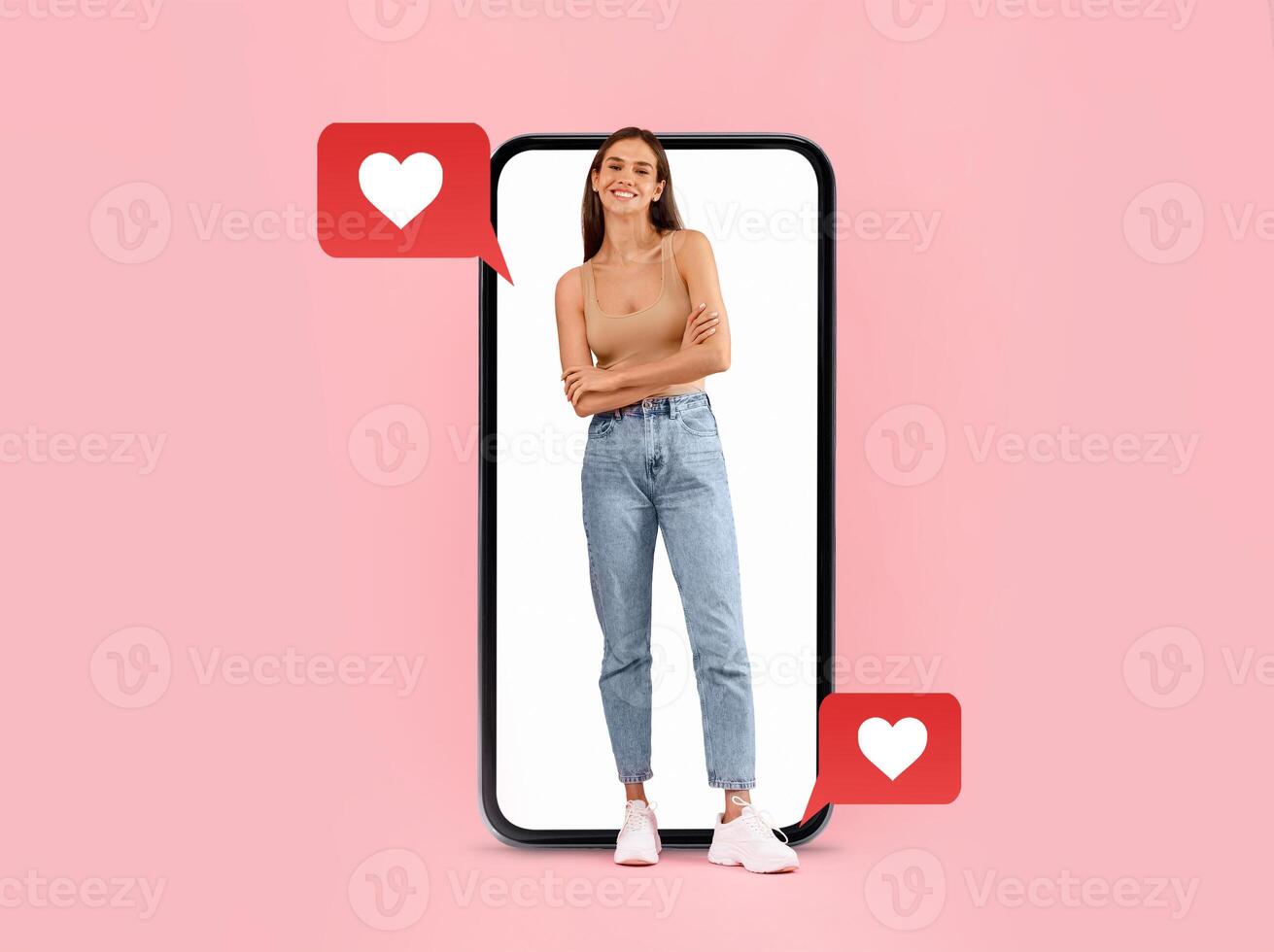 A person stands confidently with arms crossed inside a smartphone frame. Heart icons emerge from messages, symbolizing love and connection. photo