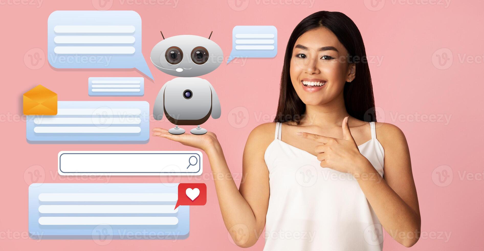A young woman smiles while holding a small chatbot figure, illustrating the friendly interaction with artificial intelligence. Speech bubbles represent messages, highlighting modern assistance tools. photo