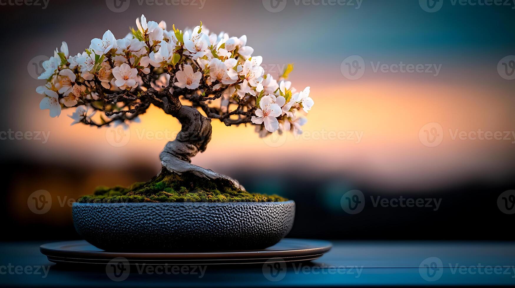 A beautifully crafted bonsai tree in full bloom, set against a serene sunset background photo