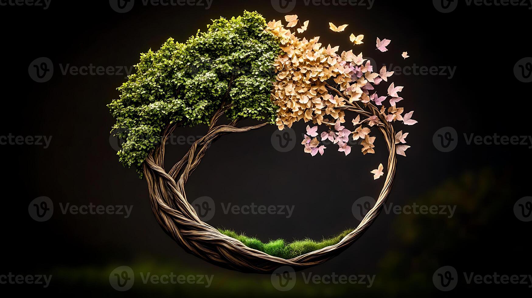 A beautifully crafted tree symbolizing the transition of seasons, with lush green leaves on one side and delicate blossoms on the other, set against a dark background photo
