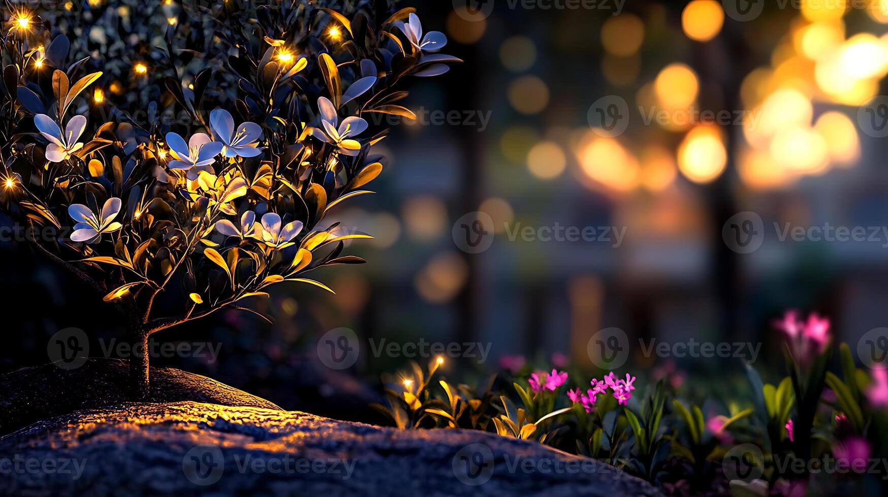 A beautifully lit garden scene at dusk with glowing flowers and soft bokeh in the background photo