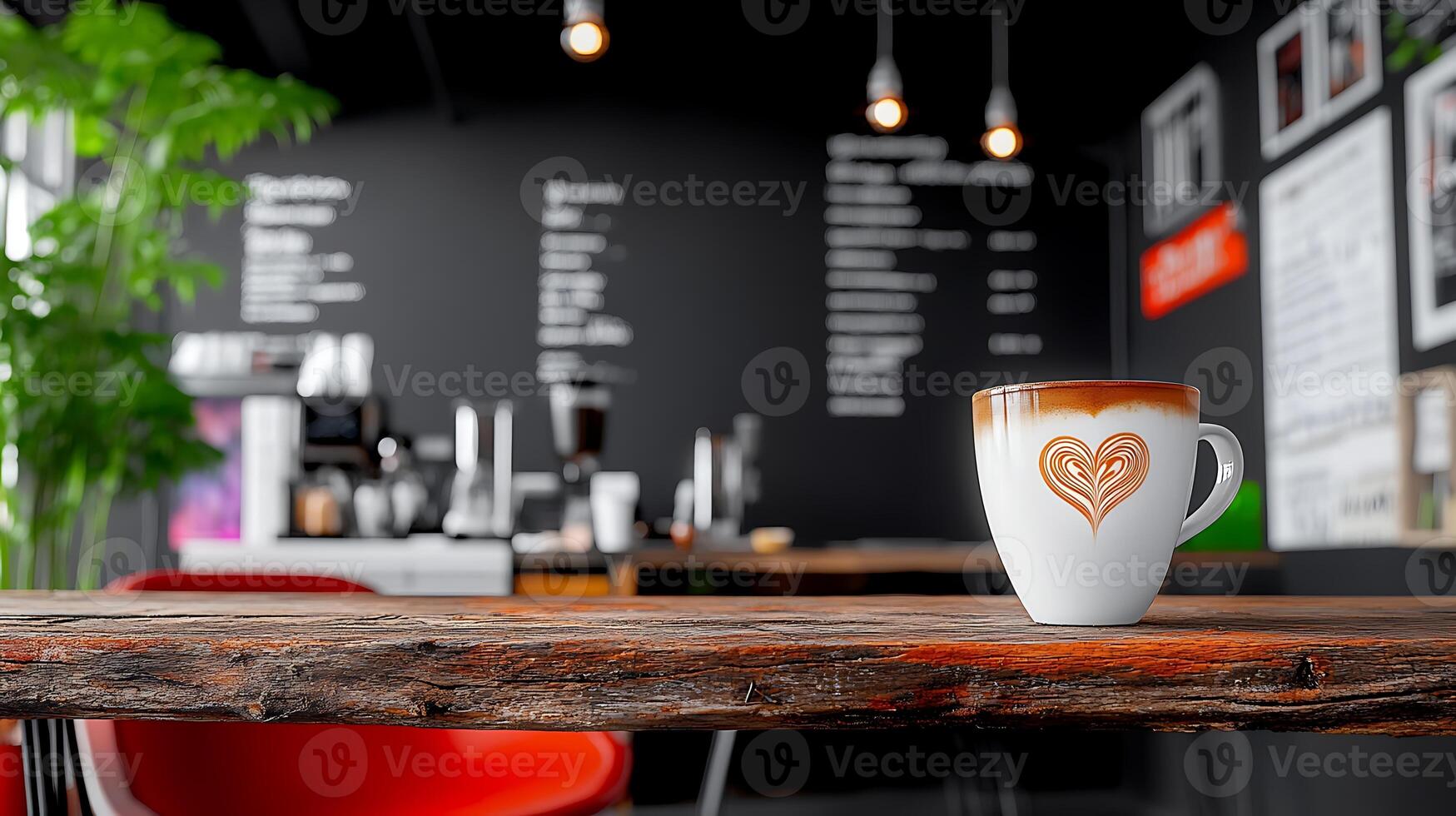 A beautifully crafted latte with heart design on a rustic wooden table in a modern cafe setting photo