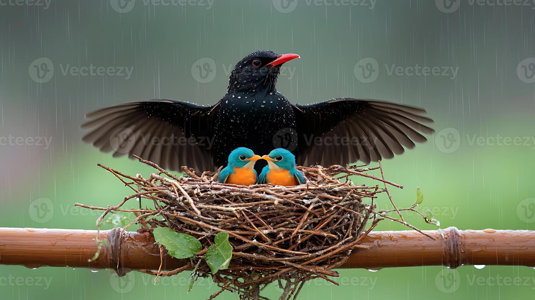 A black bird with a red beak shelters two colorful chicks in a nest during rain photo