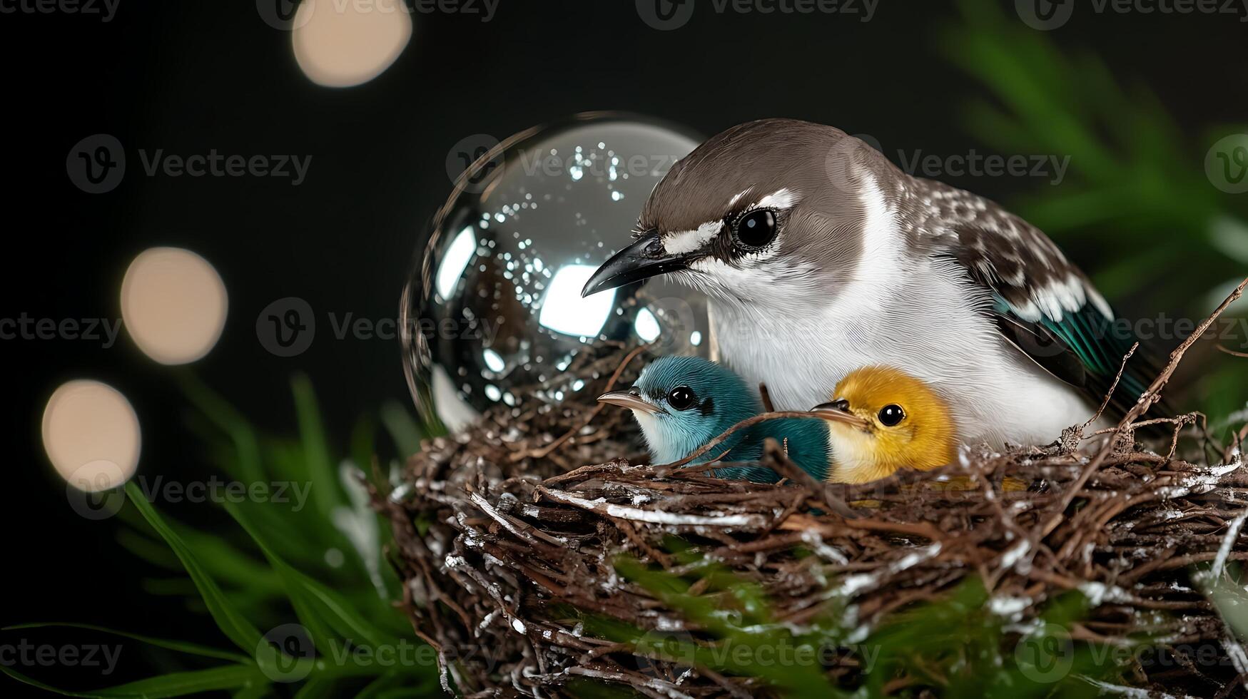 A bird caring for its three chicks in a cozy nest, surrounded by decorative elements and soft lighting photo