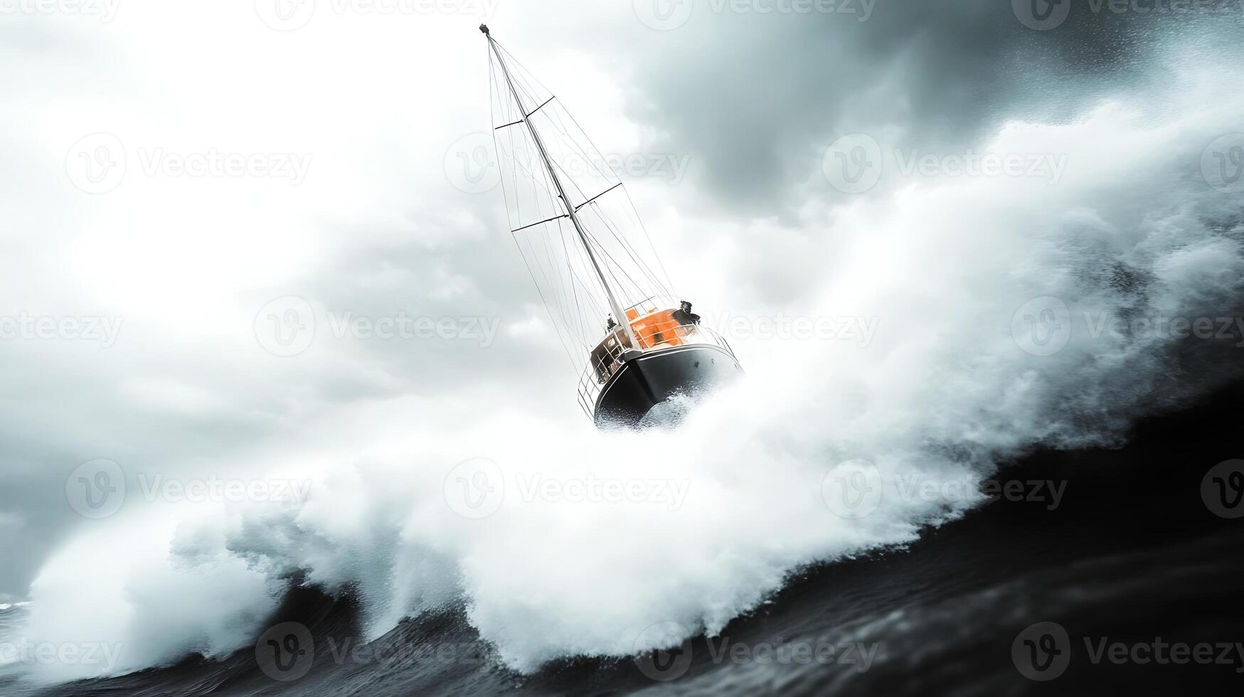 A brave sailing vessel battles towering waves under a stormy sky, showcasing nature's power photo