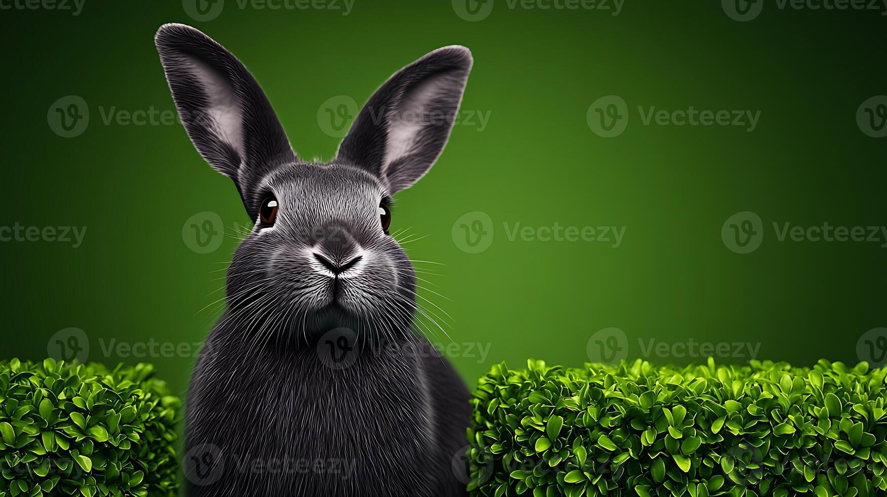 A black rabbit sitting calmly in front of a vibrant green hedge, showcasing nature's beauty photo