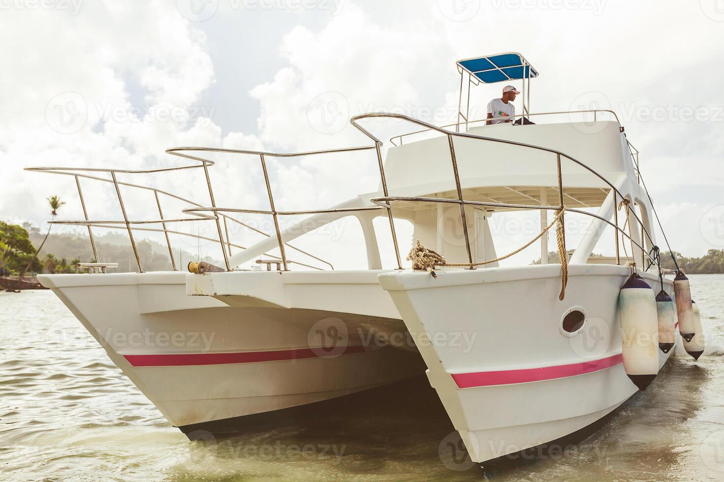 Unique catamaran sailing on calm waters surrounded by lush greenery under a bright sky photo