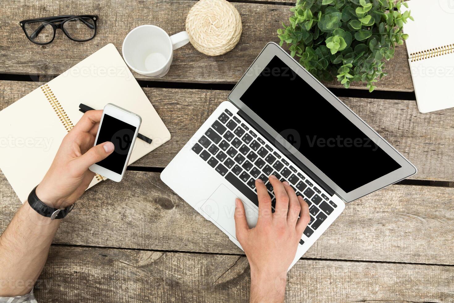 Working on a laptop in a cozy setting with plants and coffee during a productive afternoon photo