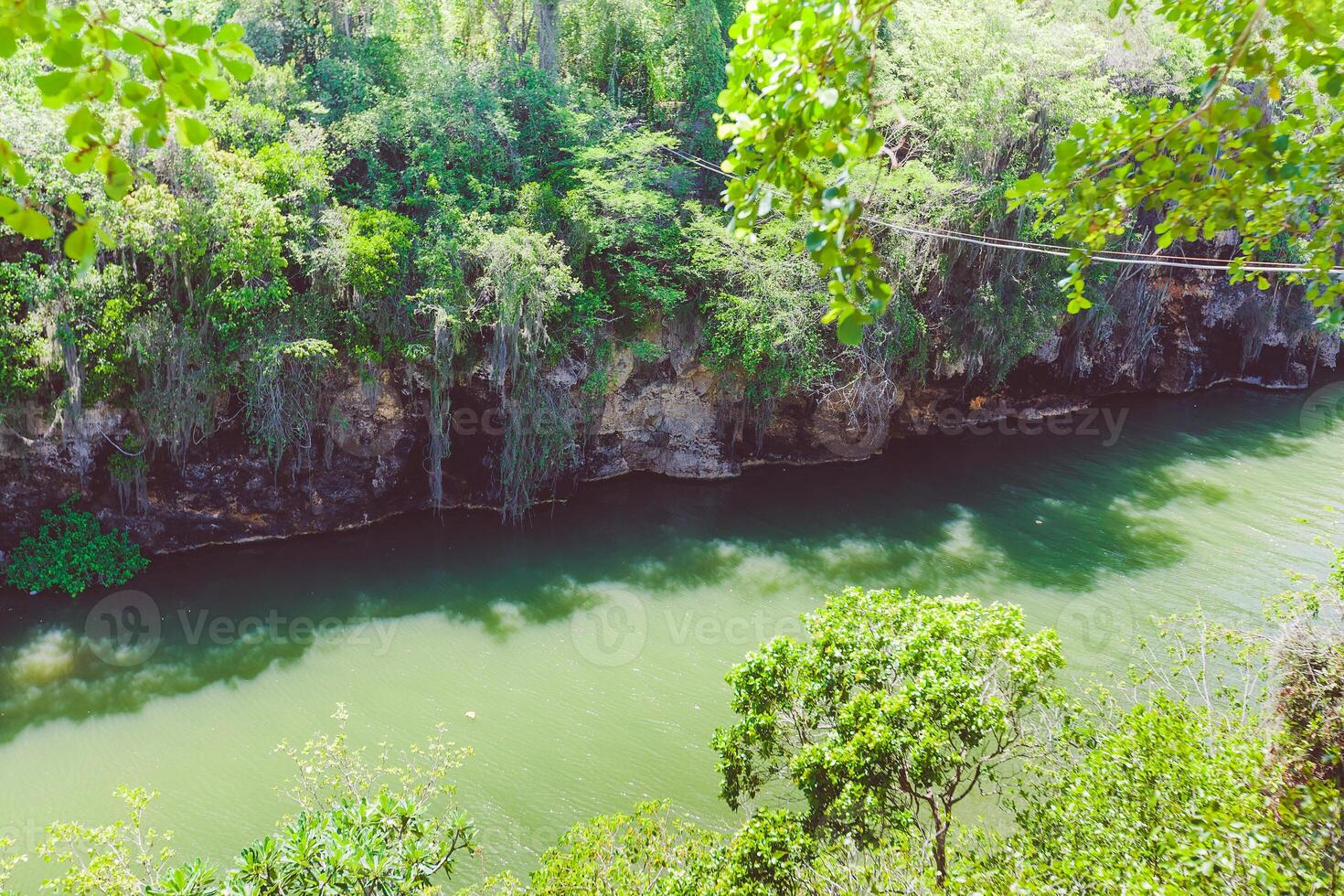 Tranquil river flowing through lush greenery in a serene natural setting during daylight hours photo