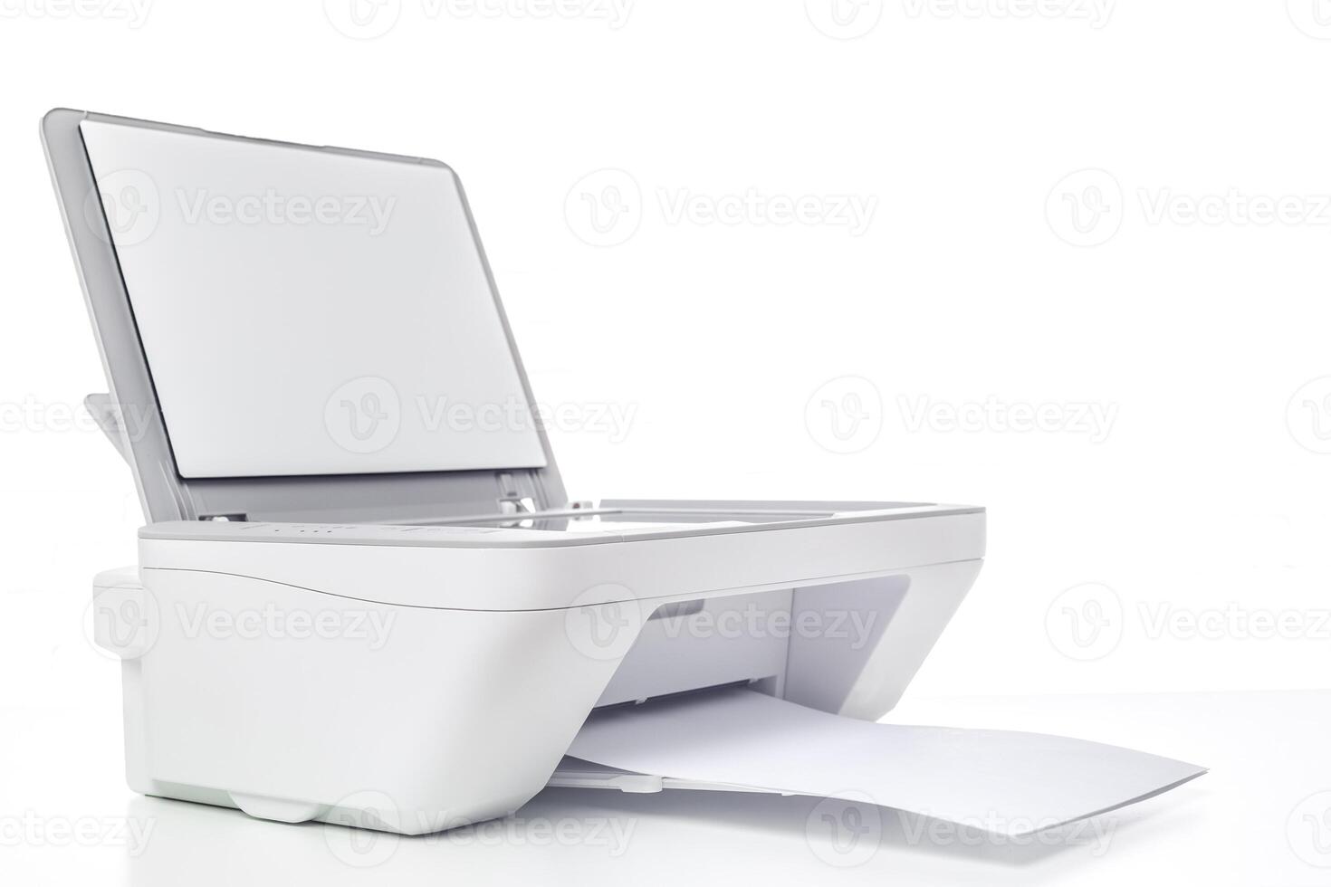 Modern white printer scanning documents with an open lid and paper ready for output photo