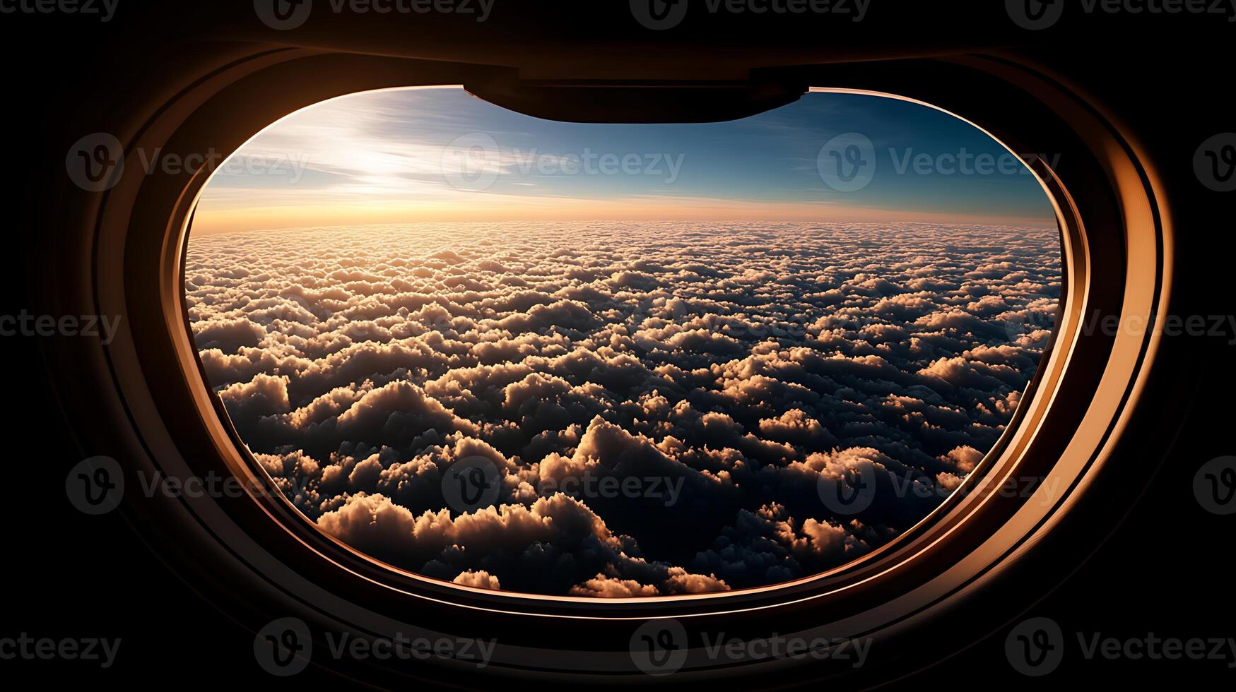 A breathtaking view from an airplane window showcasing vibrant clouds at sunset photo