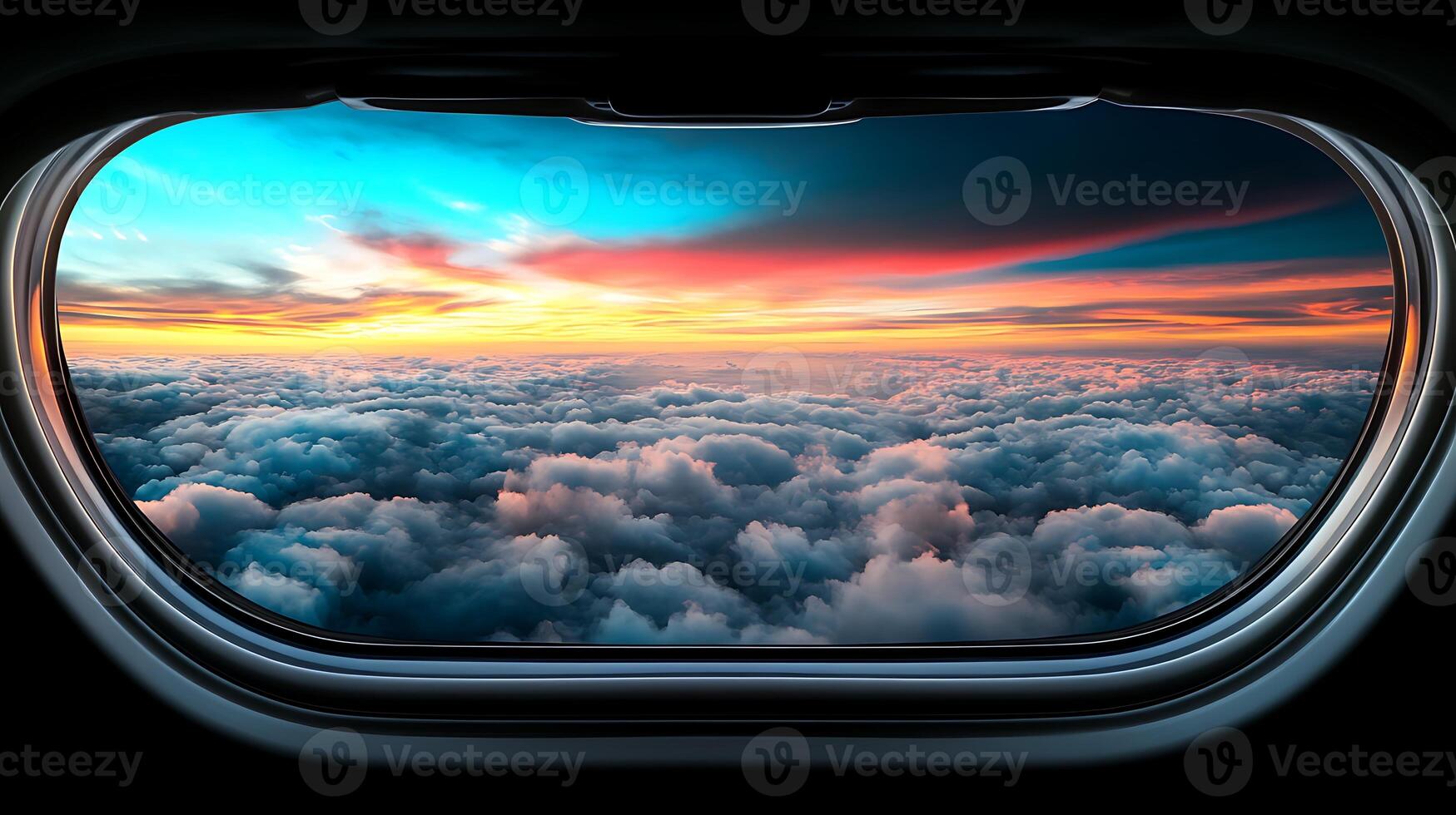 A breathtaking view of a colorful sunset over clouds from an airplane window, evoking travel photo