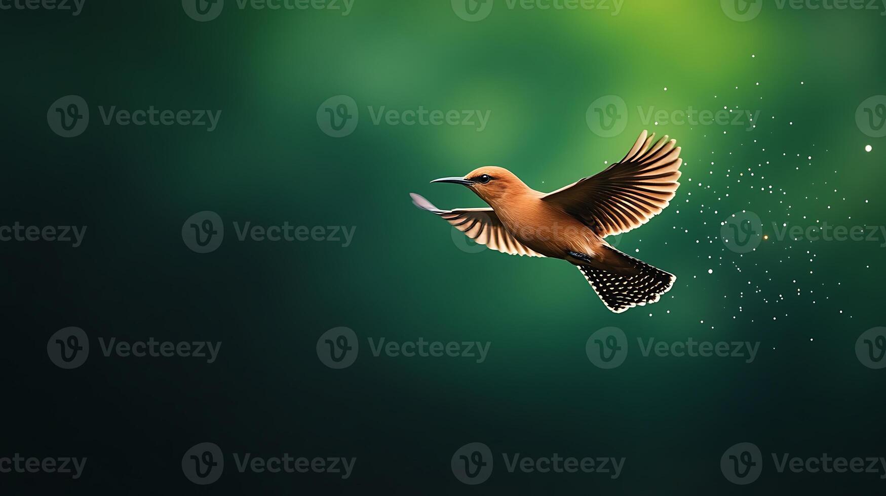 A brown bird in flight against a soft green background, showcasing its wings and motion photo