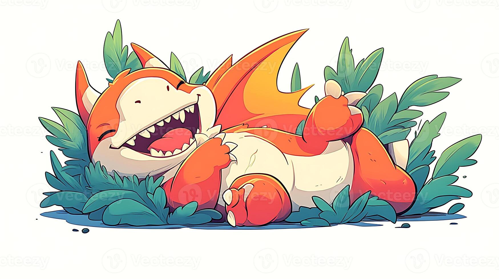 A cheerful dragon character resting among lush green foliage, exuding joy and playfulness photo